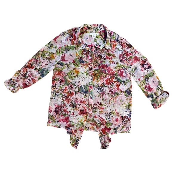 Liz Claiborne Long Sleeve Tie Front Floral Chiffon Blouse, Size Medium - Picture 5 of 7